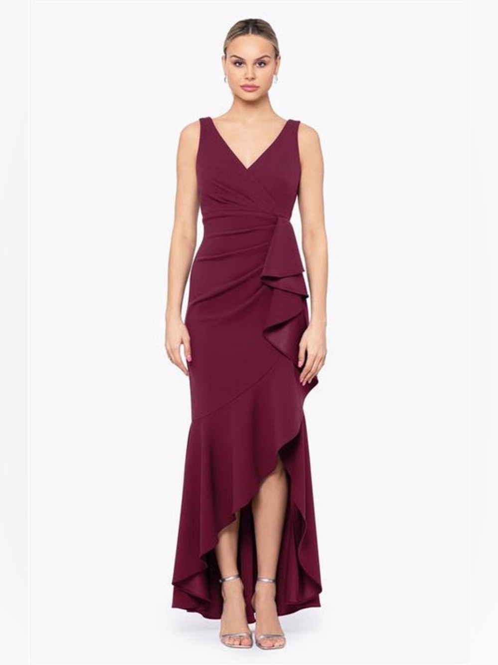 Betsy & Adam Sleeveless V-Neck Spiral Ruffle Cascade Gown Dress Size 10 Burgundy